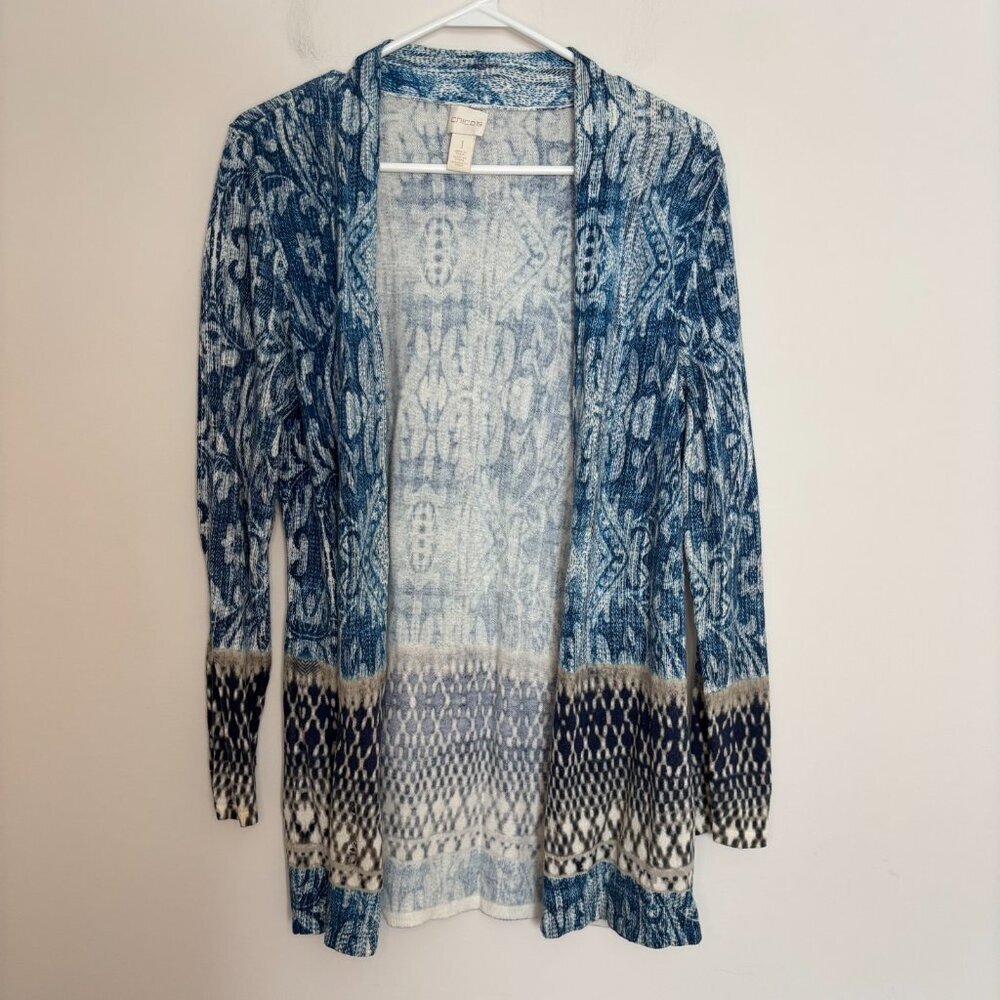 CHICO'S Open Front Cardigan Womens M Blue Tan Abstract Long Sleeve Flowy Knit